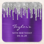 Silver Glitter Drips Violet Paarse 50e Verjaardag Kartonnen Onderzetters (Voorkant)