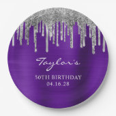 Silver Glitter Drips Violet Paarse 50e Verjaardag Papieren Bordje (Voorkant)
