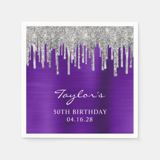 Silver Glitter Drips Violet Paarse 50e Verjaardag Servet (Voorkant)