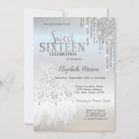 Silver Glitter Drips, White Dress Silver Sweet 16 Kaart (Voorkant)