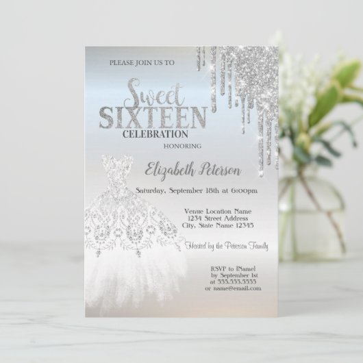 Silver Glitter Drips, White Dress Silver Sweet 16 Kaart (Staand voorkant)