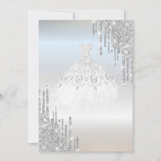 Silver Glitter Drips, White Dress Silver Sweet 16 Kaart (Achterkant)