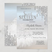 Silver Glitter Drips, White Dress Silver Sweet 16 Kaart (Voorkant / Achterkant)