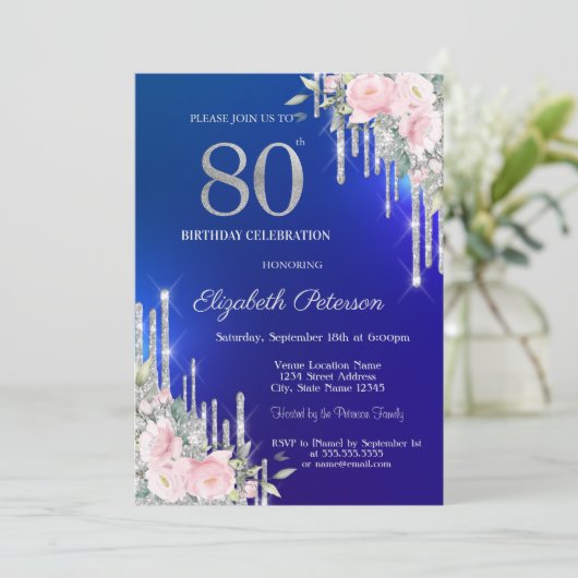 Silver Glitter Dript Rozen 80th Blue Birthday Kaart (Staand voorkant)