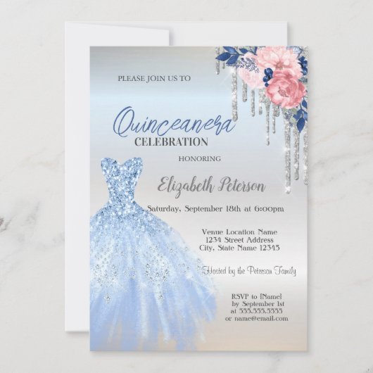 Silver Glitter Drivers, Blue Dress Rozen Quinceane Kaart (Voorkant)