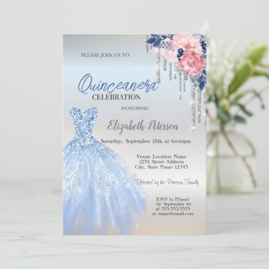 Silver Glitter Drivers, Blue Dress Rozen Quinceane Kaart (Staand voorkant)