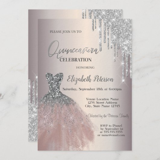 Silver Glitter Drivers, Chic Dress Quinceañera Kaart (Voorkant / Achterkant)