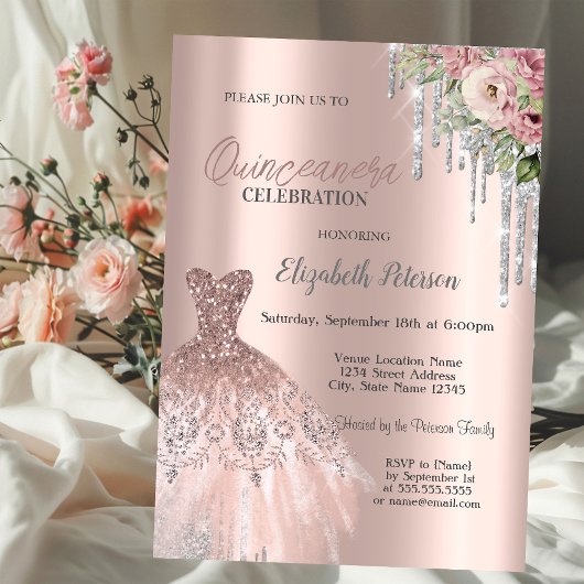 Silver Glitter Drivers, Dress Flowers Quinceanera Kaart
