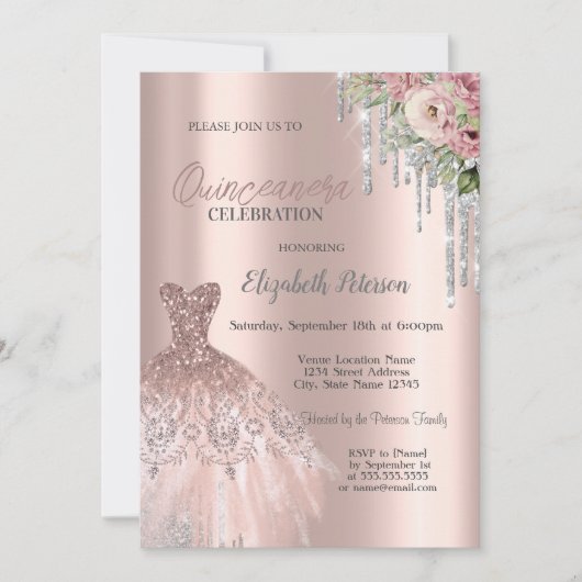 Silver Glitter Drivers, Dress Flowers Quinceanera Kaart (Voorkant)