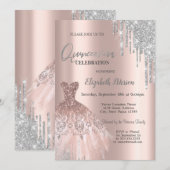 Silver Glitter Drivers, Dress Roos Gold Quinceañer Kaart (Voorkant / Achterkant)