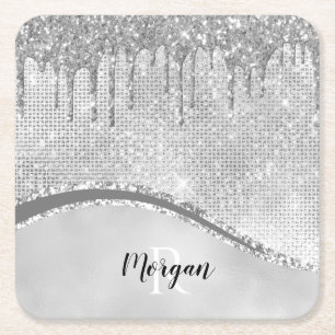 Silver Glitter Drivers & Sparkle, Naam & Monogram Kartonnen Onderzetters