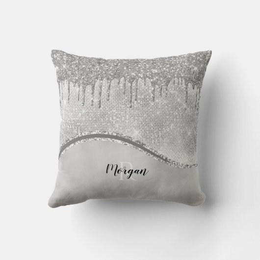 Silver Glitter Drivers & Sparkle, Naam & Monogram Kussen (Achterkant)