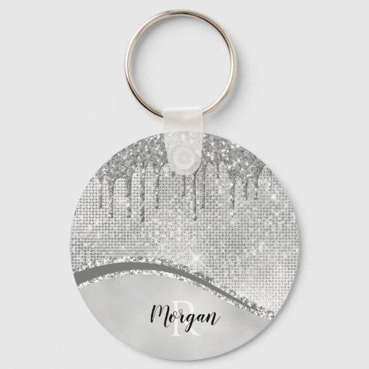 Silver Glitter Drivers & Sparkle, Naam & Monogram Sleutelhanger (Voorkant)