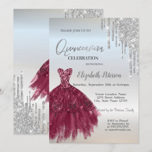 Silver Glitter Drives, Burgundy Dress Quinceañera Kaart (Voorkant / Achterkant)