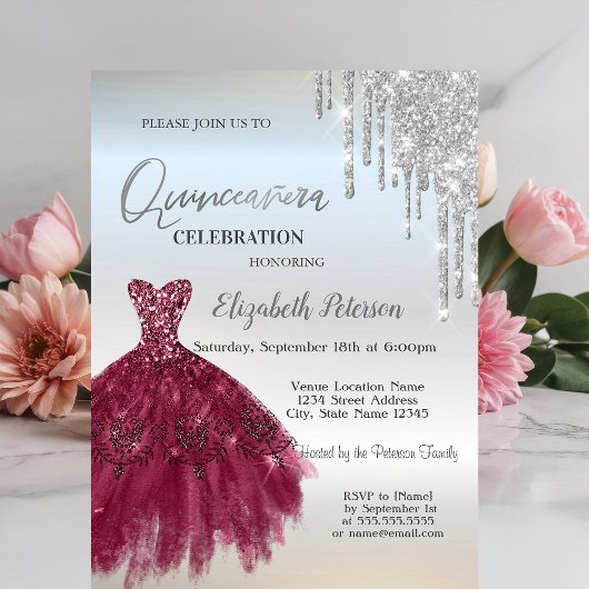 Silver Glitter Drives, Burgundy Dress Quinceañera Kaart