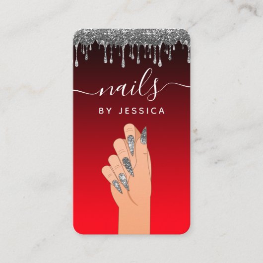 Silver Glitter Driving Glam Nail Artist QR Code Visitekaartje (Voorkant)