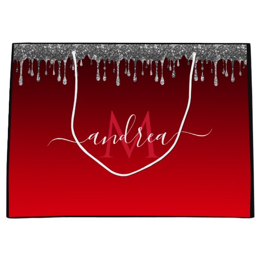 Silver Glitter Driving Glam Red Monogram & Naam Groot Cadeauzakje (Voorkant)