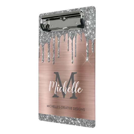 Silver Glitter Driving Roos Gold Monogram Mini Klembord (Angled2)