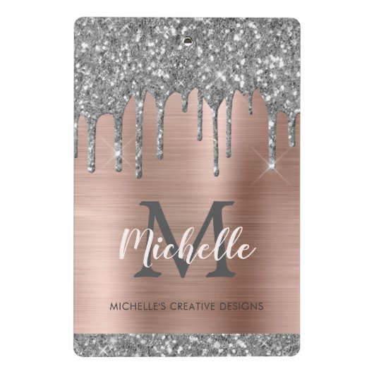 Silver Glitter Driving Roos Gold Monogram Mini Klembord (Achterkant)