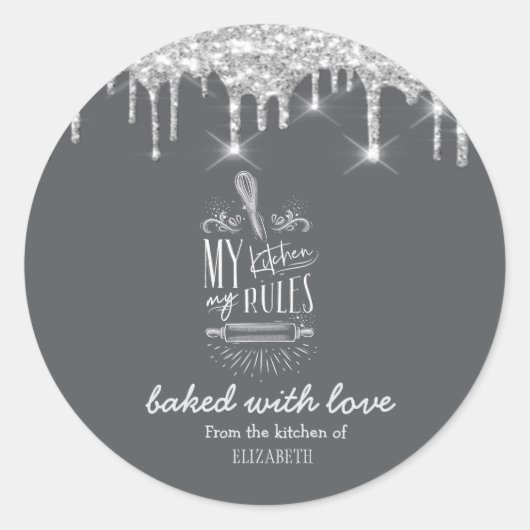 Silver Glitter Drops Bakkerij Gereedschap Ronde Sticker (Voorkant)