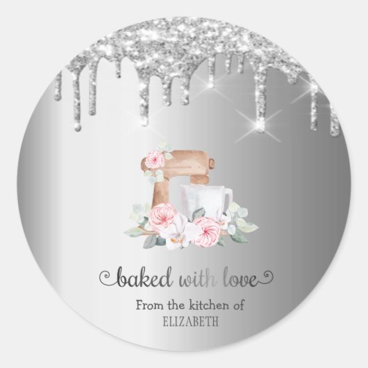 Silver Glitter druist keukenmixer Flowers Ronde Sticker (Voorkant)