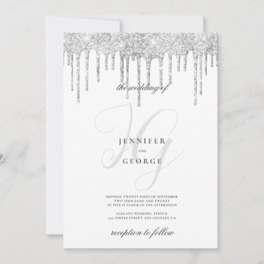 Silver glitter druist monogram initialen bruiloft kaart (Voorkant)