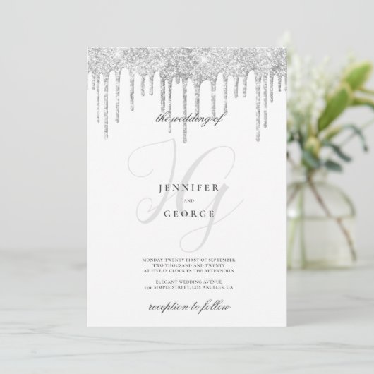 Silver glitter druist monogram initialen bruiloft kaart (Staand voorkant)