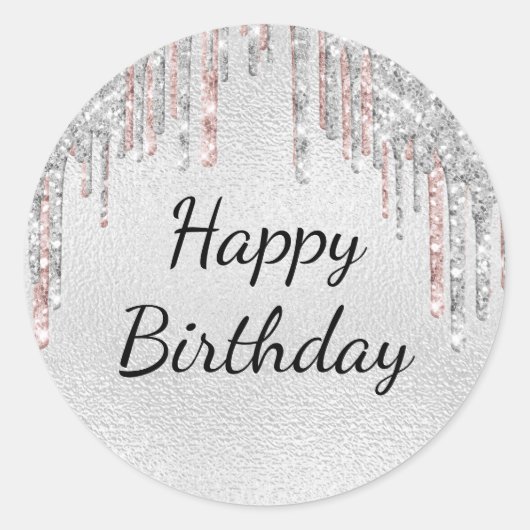 Silver glitter druist roze gelukkige verjaardag ronde sticker (Voorkant)