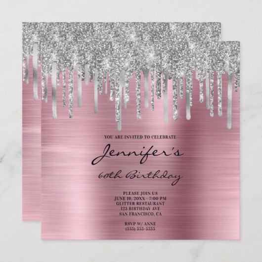 Silver Glitter drukt roze Folie 60e verjaardag Kaart (Voorkant / Achterkant)