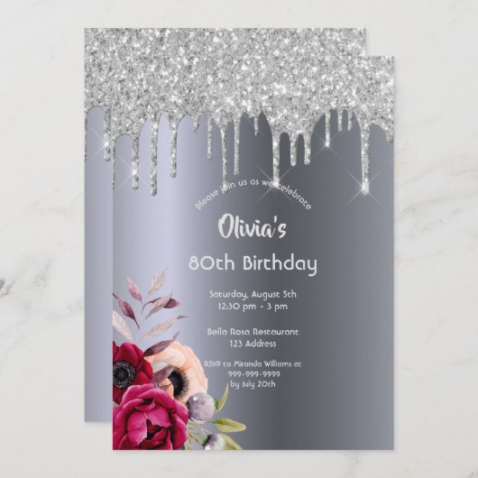 Silver glitter druppelfloralen kaart (Voorkant / Achterkant)