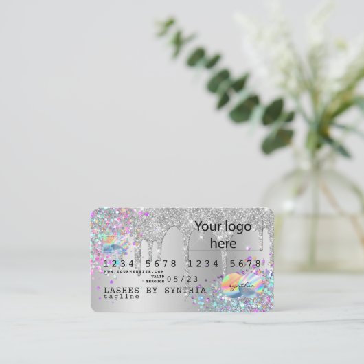 Silver glitter druppels Credit Kaart hologram add Visitekaartje (Staand voorkant)