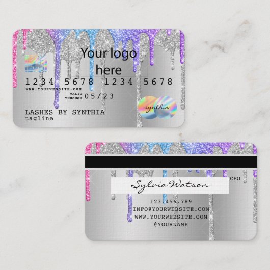 Silver glitter druppels Credit Kaart hologram add  Visitekaartje (Voorkant / Achterkant)