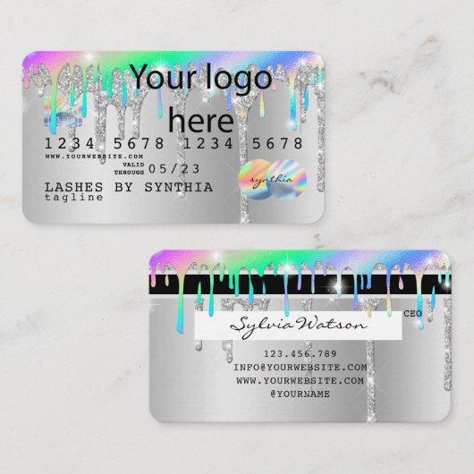 Silver glitter druppels Credit Kaart hologram add  Visitekaartje (Voorkant / Achterkant)