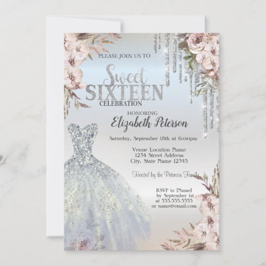 Silver Glitter Druppels Jurk Bloemen Zoet 16 Kaart (Voorkant)