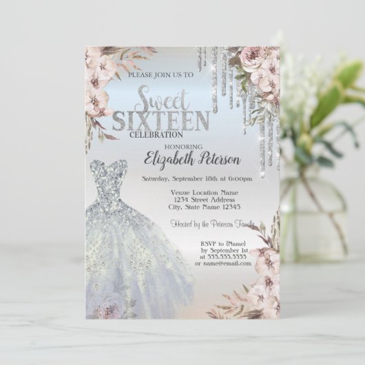 Silver Glitter Druppels Jurk Bloemen Zoet 16 Kaart (Staand voorkant)