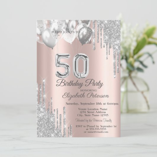 Silver Glitter Druppelt Ballonnen Roos Gold 50th Kaart (Staand voorkant)