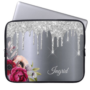 Silver glitter druppelt de floraalnaam laptop sleeve