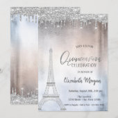 Silver Glitter druppelt Eiffeltoren Quinceanera Kaart (Voorkant / Achterkant)