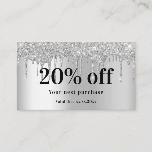 Silver glitter druppelt elegant qr code business kortingskaartje (Voorkant)