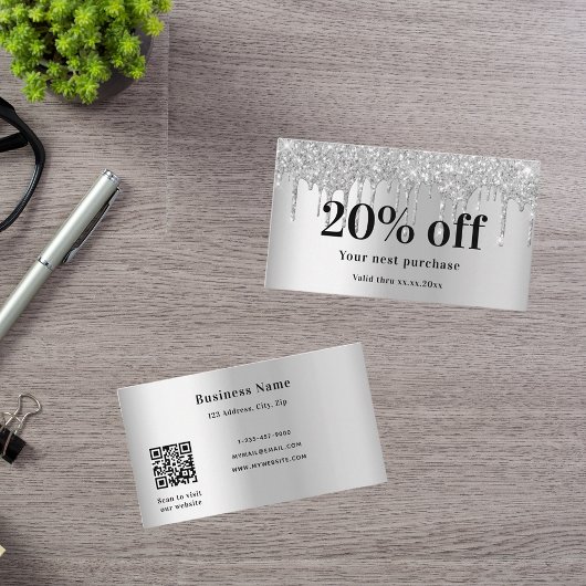 Silver glitter druppelt elegant qr code business kortingskaartje