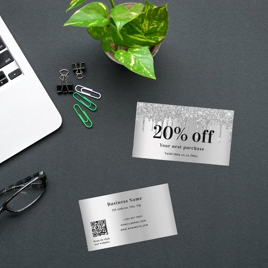 Silver glitter druppelt elegant qr code business kortingskaartje