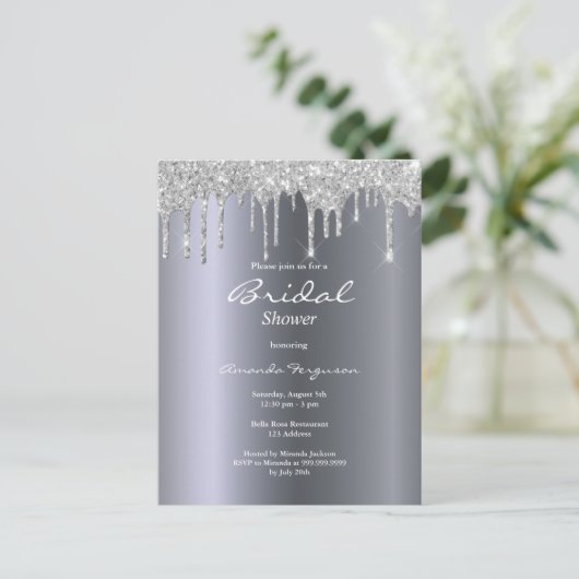 Silver glitter druppelt glam bridal doucheuitnodig briefkaart (Staand voorkant)