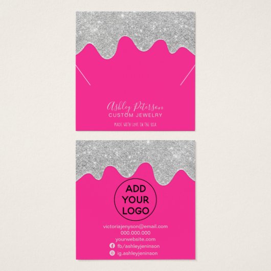 Silver glitter druppelt het neonroze ketting displ vierkante visitekaartjes (Voorkant /achterkant)