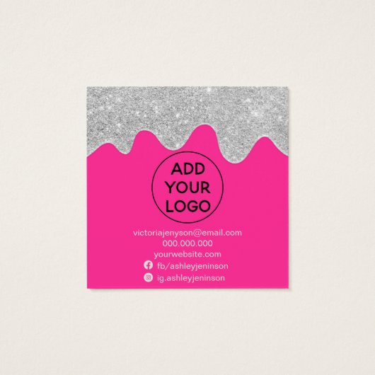 Silver glitter druppelt het neonroze ketting displ vierkante visitekaartjes (Achterkant)