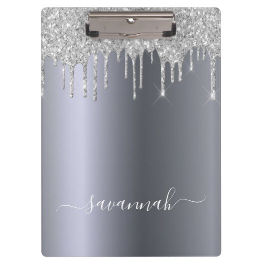 Silver glitter druppelt manuscriptnaam elegant klembord (Voorkant)