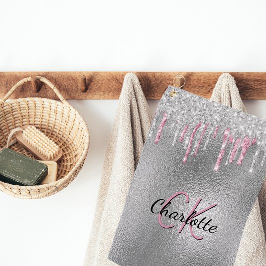 Silver glitter druppelt metaal roze aangepaste mon golfhanddoek