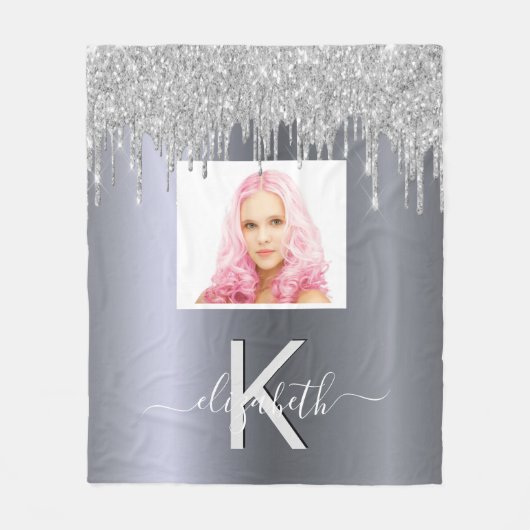 Silver glitter druppelt monogram foto fleece deken (Voorkant)