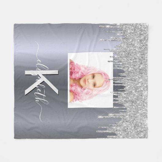 Silver glitter druppelt monogram foto fleece deken (Voorkant (Horizontaal))
