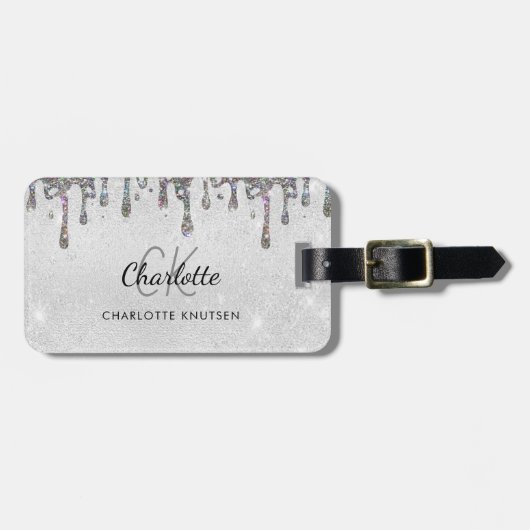Silver glitter druppelt monogram initialen naam bagagelabel (Voorkant horizontaal)