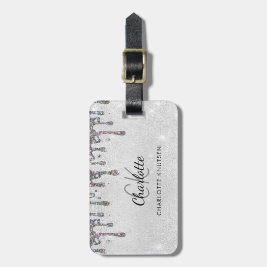 Silver glitter druppelt monogram initialen naam bagagelabel (Voorkant verticaal)